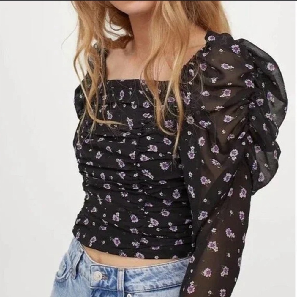 Black Ruched Tie Front Blouse